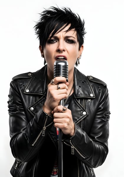 CANTORA DE ROCK PESADO COM JAQUETA DE COURO E MICROFONE 03