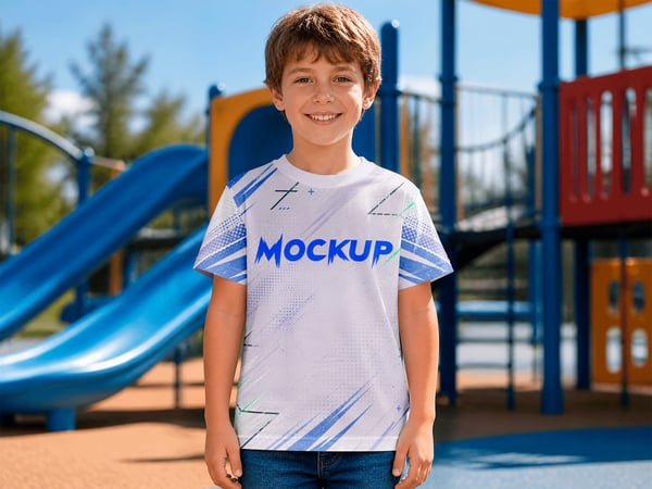 CAMISETA INFANTIL MOCKUP NO PLAYGROUND CRIANÇA DE FRENTE