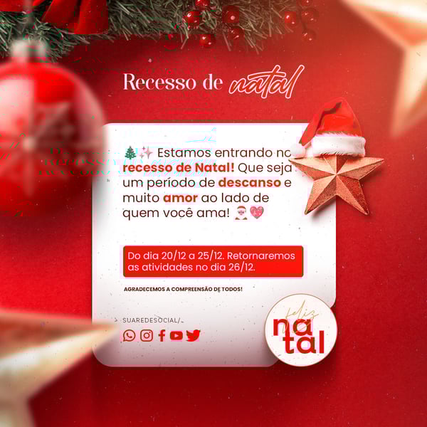 YBU SOCIAL MEDIA FELIZ NATAL FEED ESTAMOS ENTRANDOEM RECESSO DE NATAL! QUE SEJA UM PERIODO DE DESCANSO E MUITO AMOR