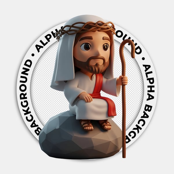 JESUS CRISTO SENTADO EM UMA PEDRA SEGURANDO UM CAJADO DE MADEIRA ESTILO PERSONAGEM 3D 02