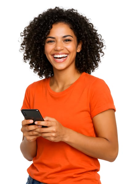 MULHER COM ROUPA LARANJA SEGURANDO UM CELULAR 02