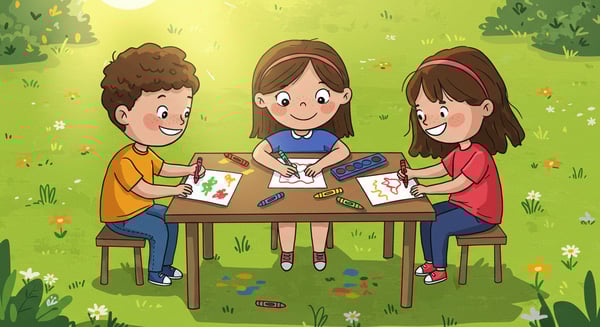 CRIANÇAS EM UM JARDIM DESENHANDO EM FOLHA DE PAPEL COM LÁPIS COLORIDOS