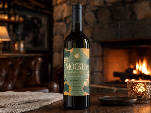 GARRAFA DE VINHO MOCKUP NO LOUNGE LAREIRA AO FUNDO