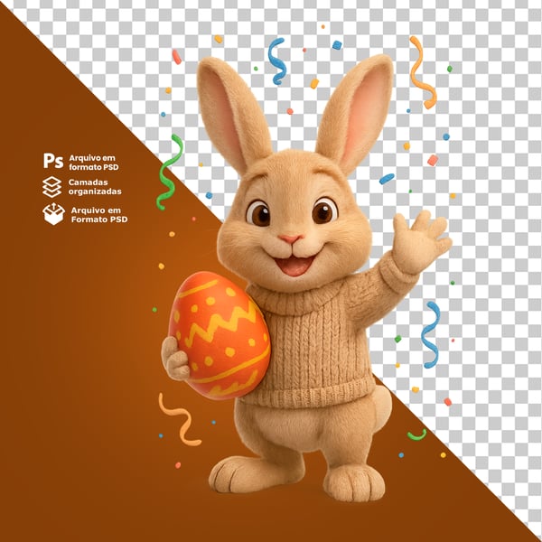 LTN COELHO DANDO TCHAU COM UM OVO LARANJA NA OUTRA MÃO COMPOSIÇÃO 3D