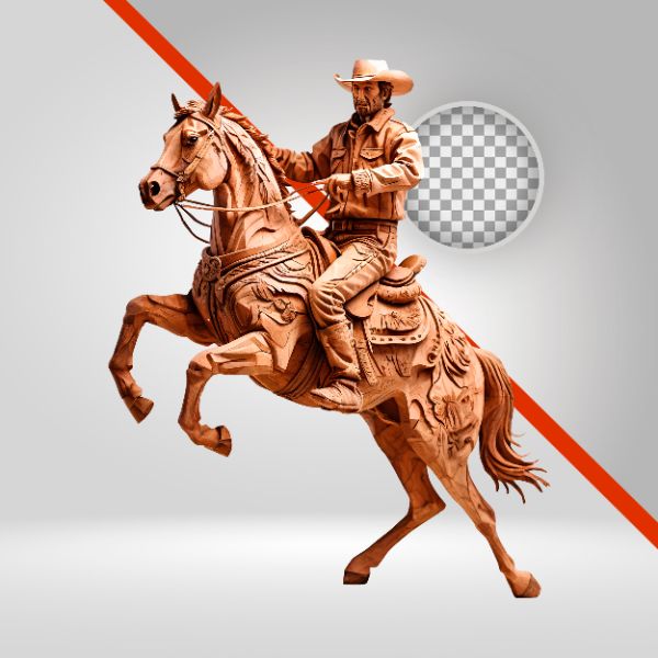 VAQUEIRO DE MADEIRA, ENTALHE, ESCULTURA DE PEÃO, CAVALGADA, VAQUEJADA, ELEMENTO 3D-IA PNG, CAVALO ALAZÃO, SERTANEJO