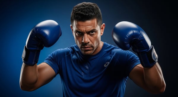 BOXEADOR FORTE E FOCADO COM LUVAS AZUIS HOMEM ATLETA EM POSE DE LUTA TREINO DE BOXE DETERMINAÇÃO ESPORTIVA