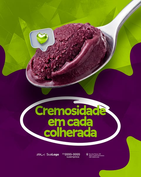COLHER COM AÇAÍ CREMOSO CLOSE UP BANNER PUBLICITÁRIO PARA REDES SOCIAIS PSD EDITÁVEL