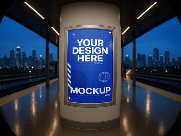 POSTER CURVO MOCKUP NA PLATAFORMA ELEVADA LENTE ANGULAR