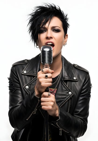 CANTORA DE ROCK PESADO COM JAQUETA DE COURO E MICROFONE 04