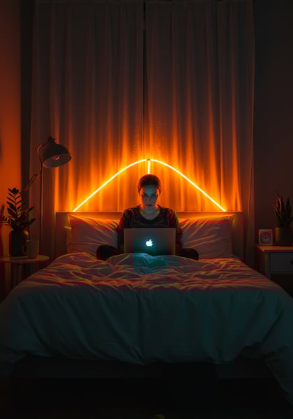 MULHER FOCADA USANDO LAPTOP NA CAMA NOITE COM LUZ NEON TRABALHO REMOTO E TECNOLOGIA