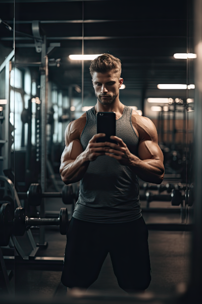 IMAGEM - ATLETA HOMEM TREINANDO NA ACADEMIA E FAZENDO POSE PARA FOTOS