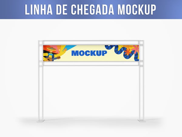 LINHA DE CHEGADA MOCKUP VISTO DE FRENTE COMPETIÇÃO GANHADOR CELEBRAÇÃO EVENTO BANNER ESPORTE VITÓRIA MARATONA CORRIDA CONQUISTA PSD