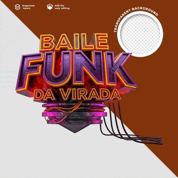 LETRAS 3D BAILE FUNK DA VIRADA NEON VIBRANTE COM EFEITO METÁLICO E FUNDO