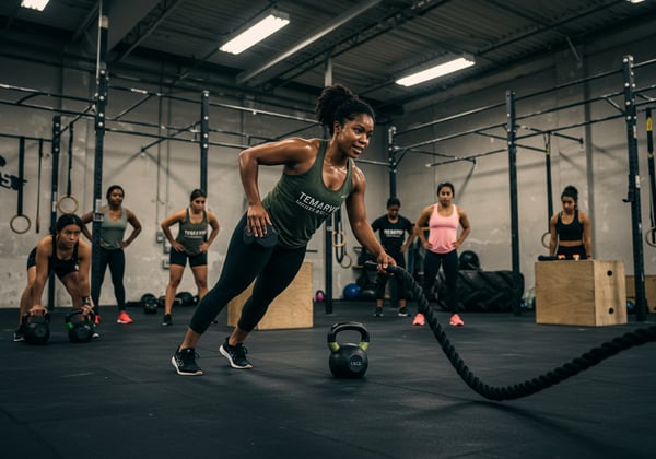 MULHERES FORTES EM TREINO DE CROSSFIT ATLETA FAZENDO RENEGADE ROW COM HALTERE E CORDA NAVAL NO GINÁSIO FOCO EM FORA E FITNESS EM GRUPO