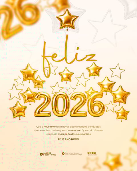 FESTA DE ANO NOVO 2026 DOURADO BRILHANTE ESTRELAS FELIZ ANO NOVO DESIGN FESTIVO