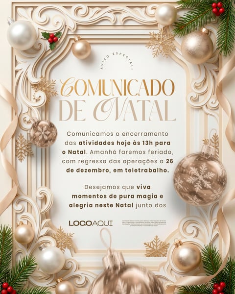 COMUNICADO DE NATAL RECESSO E TELETRABALHO SOCIAL MEDIA FLYER PSD EDITÁVEL