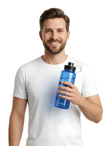 SMILING MAN HOLDING BLUE WATER BOTTLE