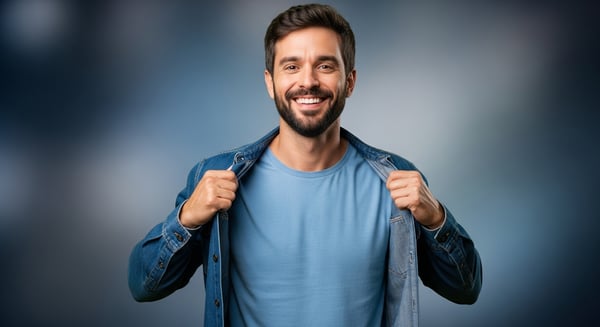 HOMEM BARBUDO SORRINDO VESTINDO JAQUETA JEANS E CAMISETA AZUL TRANSMITINDO CONFIANÇA E FELICIDADE