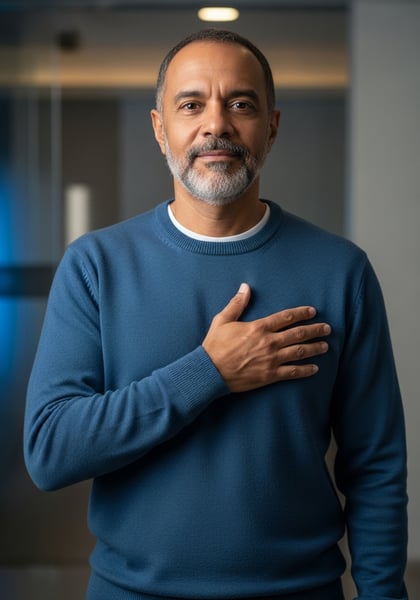 HOMEM MADURO COM BARBA E SUTER AZUL MO NO CORAÇÃO CONCEITO DE SINCERIDADE GRATIDÃO RESPEITO E COMPROMISSO