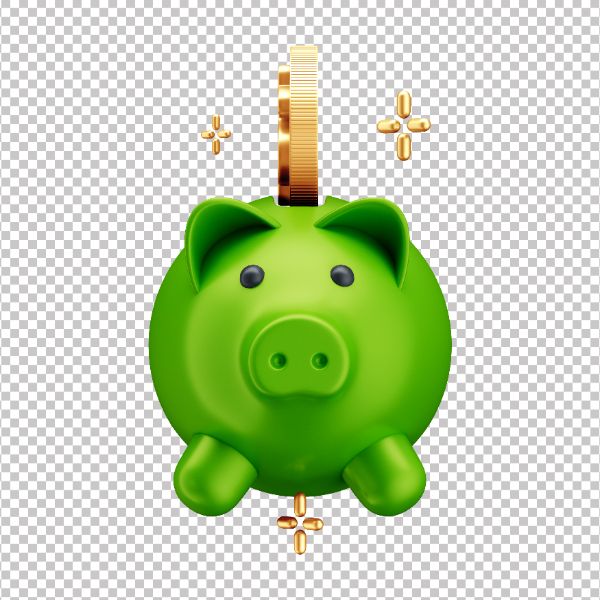 ASSET 3D - COFRE PORQUINHO VERDE COM MOEDA DOURADA COM FUNDO TRANSPARENTE