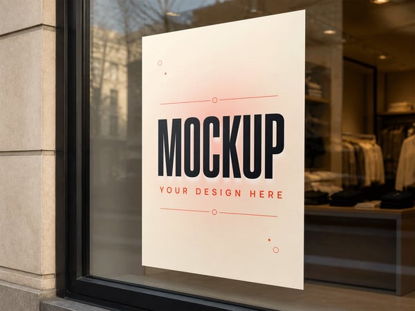 POSTER MOCKUP EM VITRINE DE LOJA VISTA APROXIMADA