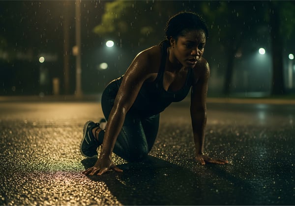 Mulher negra jovem, com roupas fitness, respirando fundo após esforço físico intenso.