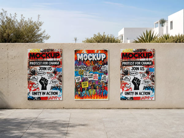 Tres POSTERS MOCKUP EM MURO EXTERNO CALÇADA AO FUNDO