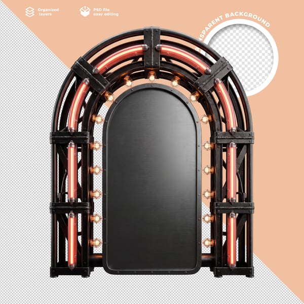 ESPELHO ARCO 3D LUXUOSO COM ILUMINAÇÃO NEON DOURADO E PRETO