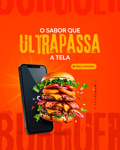 HAMBÚRGUER GOURMET SAINDO DA TELA DO CELULAR POST DE REDES SOCIAIS PSD EDITÁVEL