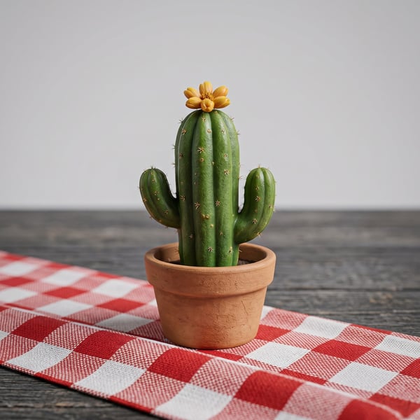CACTO EM VASO EM CIMA DA MESA DE MADEIRA COM TECIDO XADREZ BRANCO E VERMELHO 01