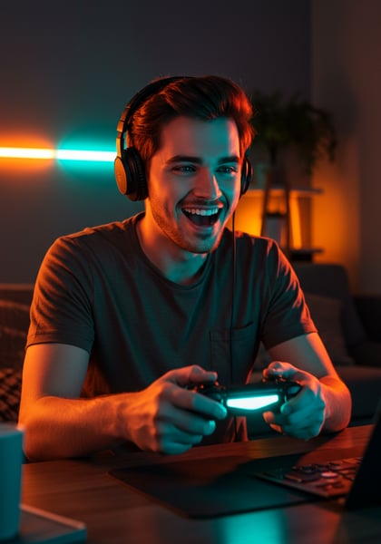 JOVEM GAMER FELIZ COM FONES DE OUVIDO E CONTROLE JOGANDO VIDEOGAME EM AMBIENTE NEON