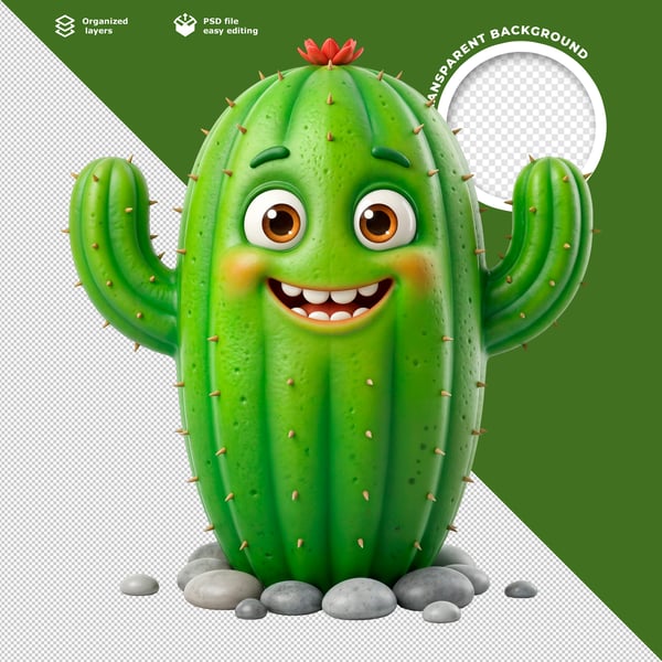 CUTE 3D CARTOON CACTUS CHARACTER COM BIG EYES GREEN PREMIUM