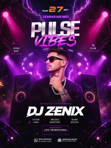 Festa Pulse Vibes DJ Zenix Sábado 27 Setembro PSD Editável
