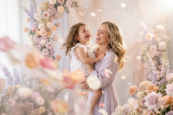 IMAGEM PARA COMPOSIÇÃO MÃE E FILHA SORRIDENTE EM LUGAR FLORIDO