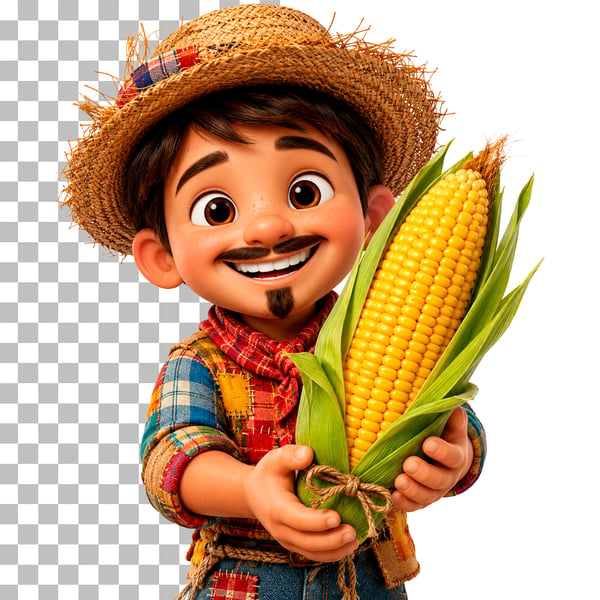 PERSONAGEM COM ROUPA DE SÃO JOÃO SEGURANDO MILHO NA MÃO PSD EDITÁVEL