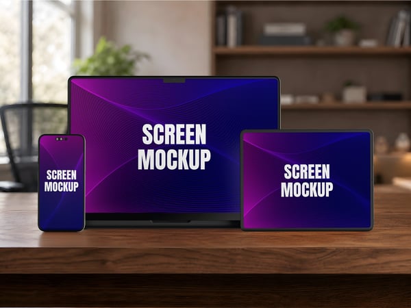 NOTEBOOK TABLET E SMARTPHONE MOCKUP SOBRE MESA AMBIENTE INTERNO
