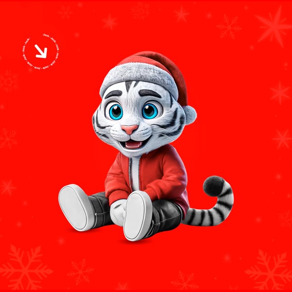 MASCOTE JACK ROUPA NATALINA, SENTADO SORRINDO - PSD EDITÁVEL