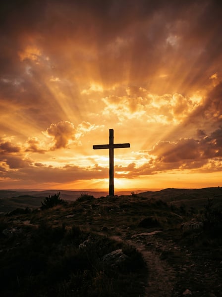 CRUZ DE MADEIRA NO TOPO DE UMA COLINA COM RAIOS DE SOL ATRAVÉS DAS NUVENS AO ENTARDECER