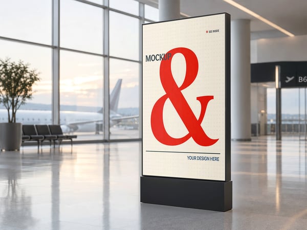 TELA DIGITAL MOCKUP NO AEROPORTO VISTA EM TRÊS QUARTOS PELA ESQUERDA