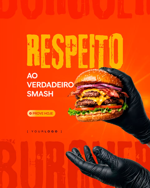 MÃOS COM LUVAS PRETA SEGURANDO HAMBÚRGUER SMASH PREMIUM PSD EDITÁVEL