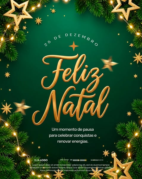 Feliz Natal: Celebração, Estrelas Douradas E Fundo Verde Festivo Social Media PSD Editável