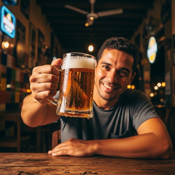 Amigos brindando com canecas de cerveja durante jogo de futebol no bar