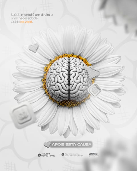 FLYER SADE MENTAL DIREITO CUIDADO CREBRO FLOR BRANCO MODERNO