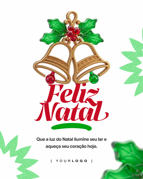 Template para Redes Sociais de Feliz Natal com Sinos Dourados e Folhas PSD Editável