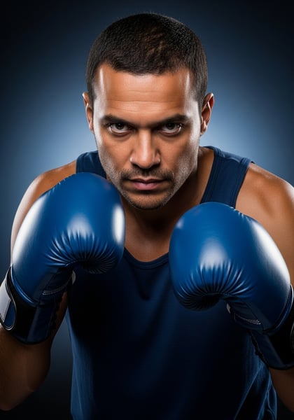 BOXEADOR MASCULINO COM LUVAS AZUIS RETRATO FOCADO E DETERMINADO ESPORTE E FITNESS