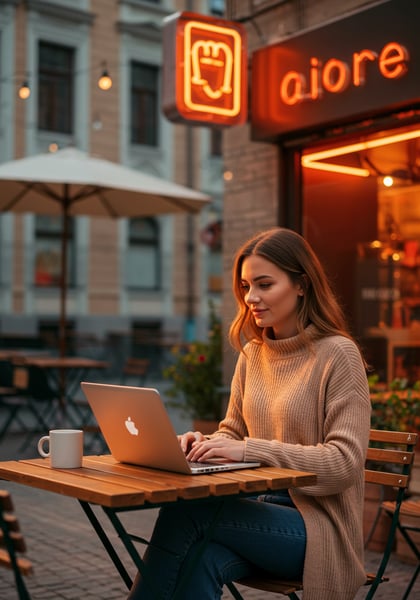 MULHER JOVEM TRABALHANDO COM LAPTOP EM CAFETERIA AO AR LIVRE FREELANCER TRABALHO REMOTO ESTILO DE VIDA URBANO FOCO DIGITAL