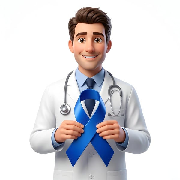 DOCTOR PRESENTING BLUE AWARENESS RIBBON HEALTH CAMPAIGN