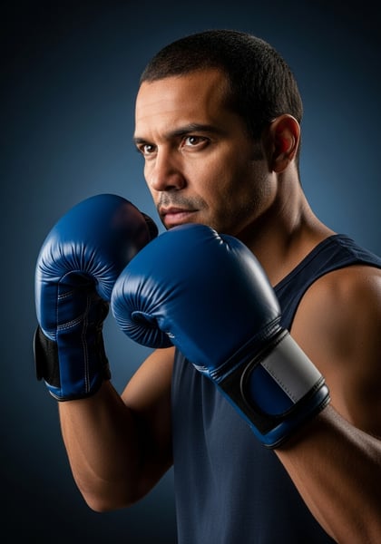 BOXEADOR HOMEM FOCADO COM LUVAS AZUIS TREINO DE BOXE ATLETA DE FITNESS EM ESTÁDIO