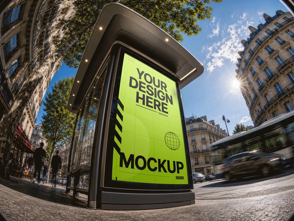 Poster de abrigo de ônibus MOCKUP NA CALÇADA LENTE AMPLA