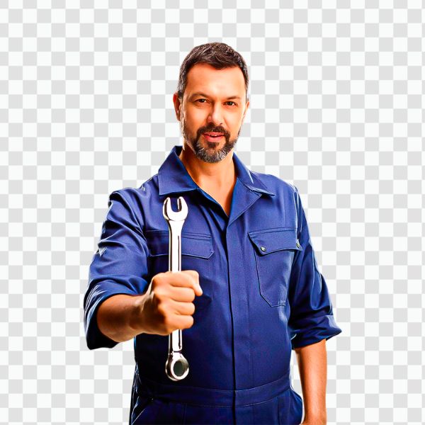 IMAGEM DE UM MECÂNICO ALEGRE COM FERRAMENTA NA MÃO, OFICINA, FOTO PNG SEM FUNDO